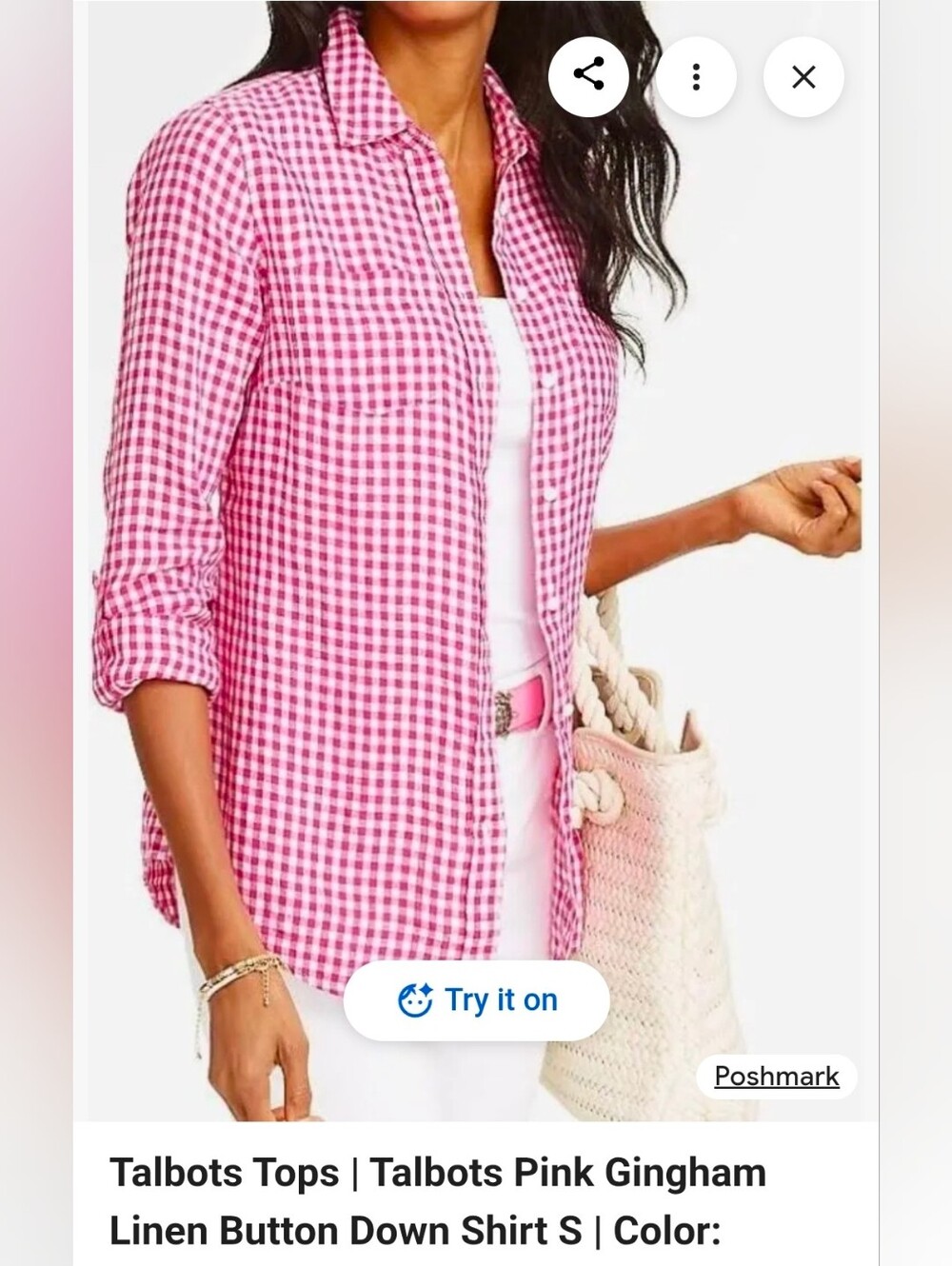 NWOT Talbots 100% Linen Pink Gingham Button Down Shirt - SMALL